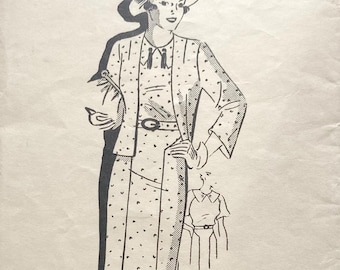 1930s Dress Vintage Sewing Pattern.  Marian Martin 9308 Bust 36 Hip 39 inches  In very good antique condition.