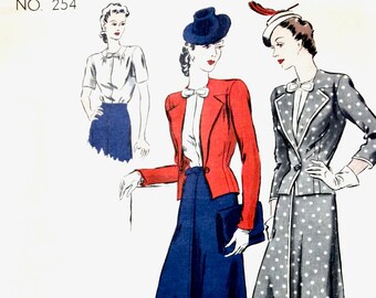 Vogue Couturier Pattern 254 40s Women's Suit Pattern Fitted Jacket, Lapped Seams, Flared Skirt Vintage Sewing Pattern Bust 32 inches Hips 35