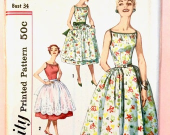 1950s party dress Simplicity 2535; ©1958; Sleeveless dress has a low, wide neckline. full skirt Uncut Factory Folded Vintage Sewing Pattern