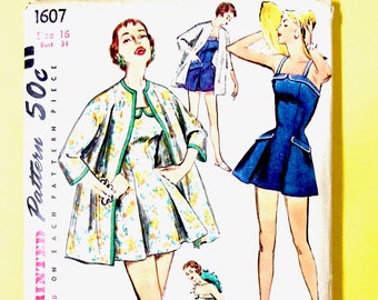 1950's Simplicity 1607 Vintage Sewing Pattern Misses' and Women's Bathing Suit and Coat Skirted Swimsuit Vintage Sewing Pattern Bust 34