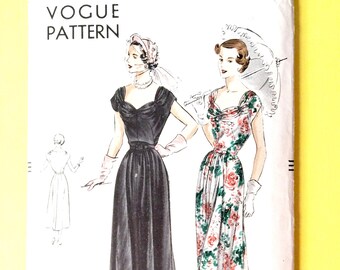 Factory Folded  Early 1950's Vogue 6776 One-Piece Dress. Four-piece skirt, Cluster Shirrings Vintage Sewing Pattern Bust 36