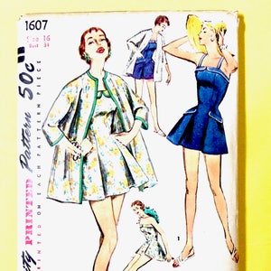 1950&#39;s Simplicity 1607 Vintage Sewing Pattern Misses&#39; and Women&#39;s Bathing Suit and Coat Skirted Swimsuit Vintage Sewing Pattern Bust 34