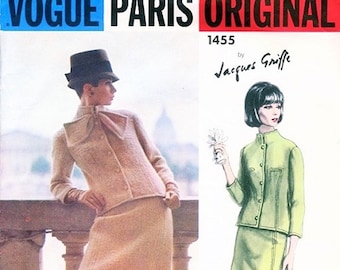 Vogue Paris Original 1455 autorstwa Jacques'a Griffe'a z lat 60. XX wieku, wykrój garnituru, marynarka i spódnica z szalikiem, biust 31, wzór do szycia w stylu vintage + etykieta
