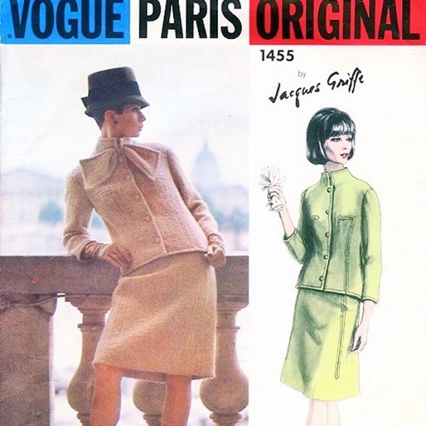 Vogue Paris Original 1455 by Jacques Griffe 1960s Suit Pattern Jacket and Skirt with Scarf Bust 31 Vintage Sewing Pattern + Label