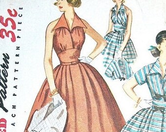 Uncut 1950s Halter Dress Vintage Sewing Pattern Fitted Bodice Full Skirt Short Jacket Bolero Simplicity 4249 Vintage Sewing Pattern  Bust 30
