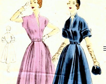 Uncut 1950s Dress Pattern Vogue 7207 Fitted Bodice, Fitted Bodice, Slit Neckline, Standing Collar Vintage Sewing Pattern Bust 32  Hip 38