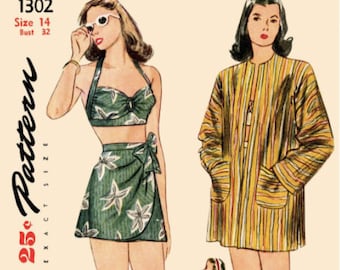 Patrón de costura vintage Simplicity S8932, reedición de la década de 1940, traje de baño Simplicity 1302, pareo, sujetador y top, talla 12-20