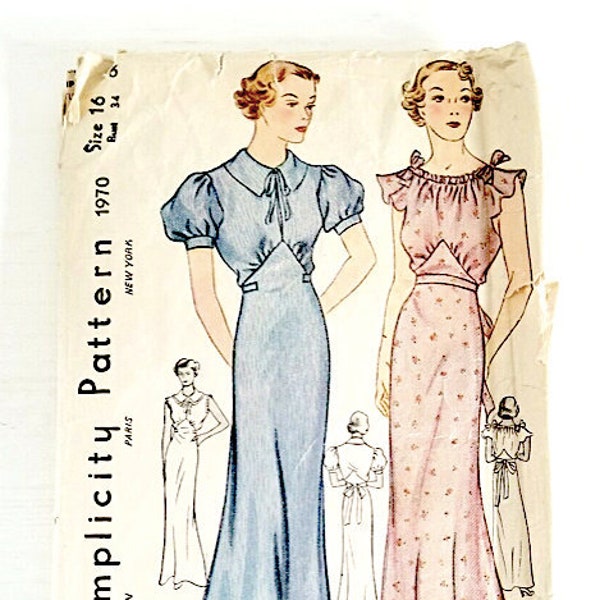 1930s Gown Pattern Lingerie Nightgown  Simplicity 1970 Bust 34 Vintage Sewing Pattern