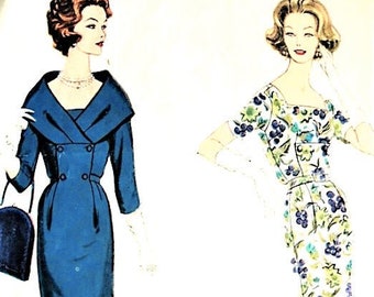 1950s VOGUE Couturier Design 167 Slim Dress Pattern Wide Shawl Collar Complete Vintage Sewing Pattern Bust 32
