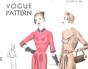 Early 1950s Vogue 7153 One-Piece Dress Shallow Yoke Soft Released Pleats Inverted Pleat Long Fitted Sleeves Vintage Sewing Pattern Bust 30