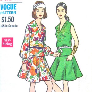 Vintage 60s Vogue 7560 Two-Piece Dress Pattern Sewing 1960 Boho Peplum Gored Skirt Low-Waisted Two-Piece Dress Button Cuffs  Bust 31.5
