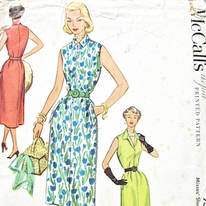 jaren 1950 McCall&#39;s 9357 Misses&#39; mouwloze eendelige Jiffy-jurk vintage naaipatroon inzet heupzakken ritssluiting voorpaneel buste 32 inch