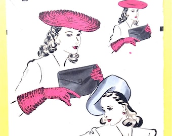 Hollywood 1003 1940s Vintage Hat Large Beret Gloves Vintage Sewing Pattern Medium