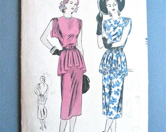 1940s Vogue 6070 Vintage Sewing One-Piece Dress Pattern  Two-piece skirt and tunic joins bodice at waist-line  Bust 30