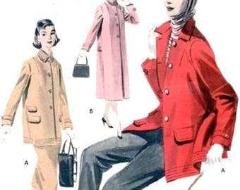 Butterick 7611 from the year 1956 Junior Miss & Misses' Coat 2 Lengths Vintage Sewing Pattern Bust 31 Petite Small