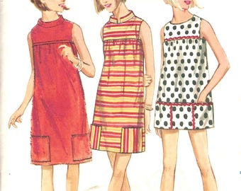 Butterick 4438  Mod 60s Sleeveless dress gathering to square yoke round neckline standing collar pockets  Bust 36" uncut sewing pattern