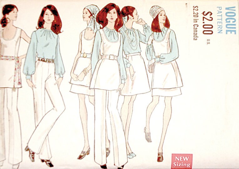 60s Separates Tunic w Scoop Neck Long Sleeve Blouse Gathered at Front Neck A Line Skirt Straight Leg Pants CMPLT Vogue 7694 Bust US 32.5 in