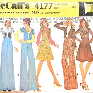 May include: Vintage McCall's 4177 sewing pattern for misses' unlined jacket, skirt, and trousers. The pattern features step-by-step instructions and includes various designs, including wide-leg trousers and a skirt. The pattern is for a bust size of 82.5 cm.