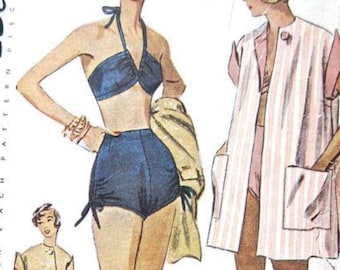 Simplicity 3234 Junior Misses&#39; Two-Piece Bathing Suit & Beach Coat from the early 50s   Bust 31
