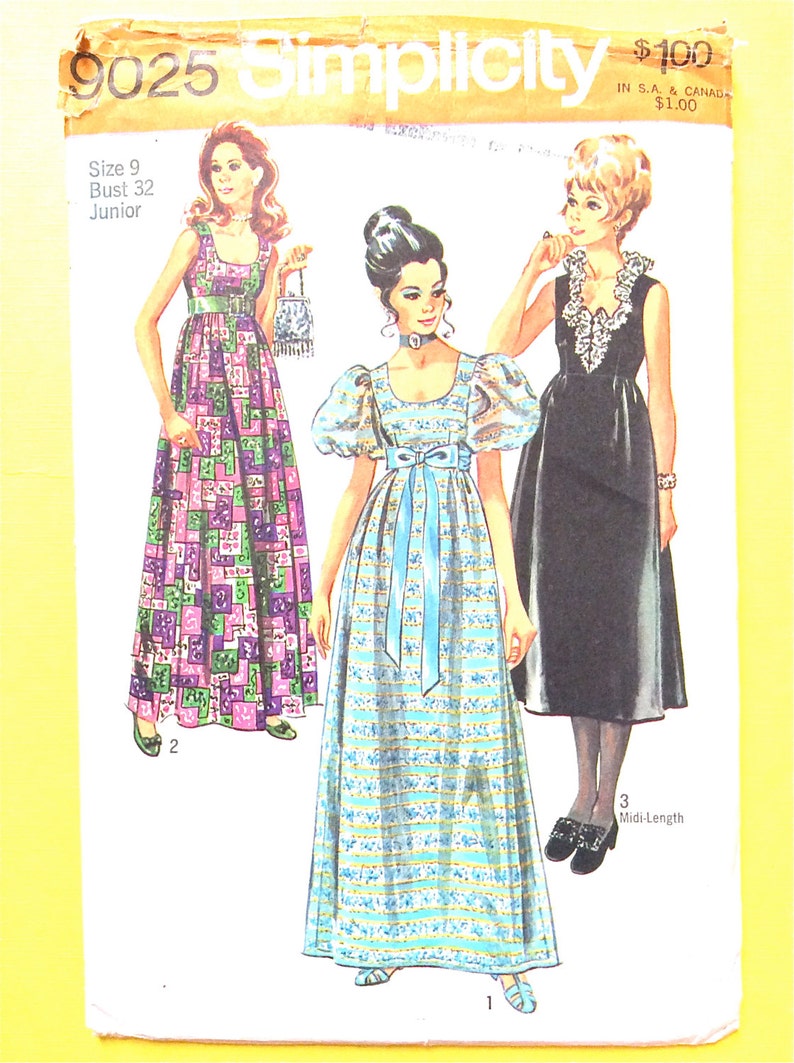 Simplicity 7055 70s Simplicity 9025 GOWN Ruffles, Puff Sleeves, Sleeveless, Party Dress ...