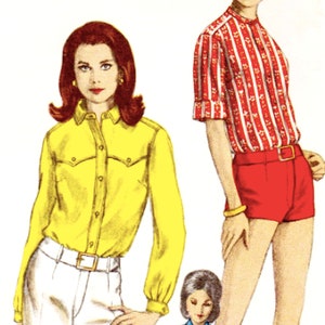 May include: A vintage fashion illustration featuring three outfits: a bright yellow long-sleeved button-down shirt with white trousers, a red and white vertical striped short-sleeved blouse with red shorts, and a blue floral sleeveless collared top.