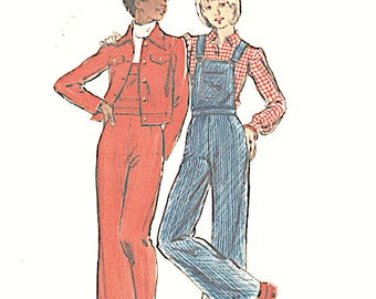 Butterick 3370 1970s Young Junior Teen Bib Overalls and Cropped Jacket Pattern Womens' Vintage Sewing Pattern  Bust 32 inches