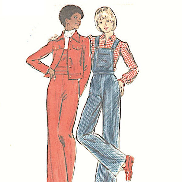 Butterick 3370 1970s Young Junior Teen Bib Overalls and Cropped Jacket Pattern Womens' Vintage Sewing Pattern  Bust 32 inches