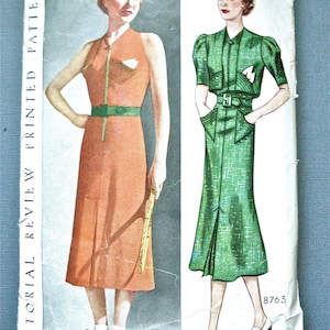 1930s OnePiece Halter Dress and Jacket Vintage Pictorial Review 8763 Printed Vintage Sewing Pattern 30s Dress Pattern Bust 36 inches image 1