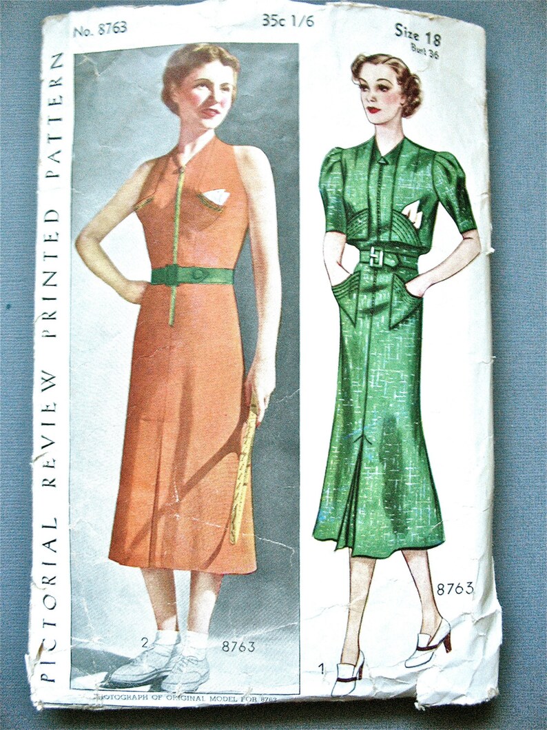 1930s OnePiece Halter Dress and Jacket Vintage Pictorial Review 8763 Printed Vintage Sewing Pattern 30s Dress Pattern Bust 36 inches image 1