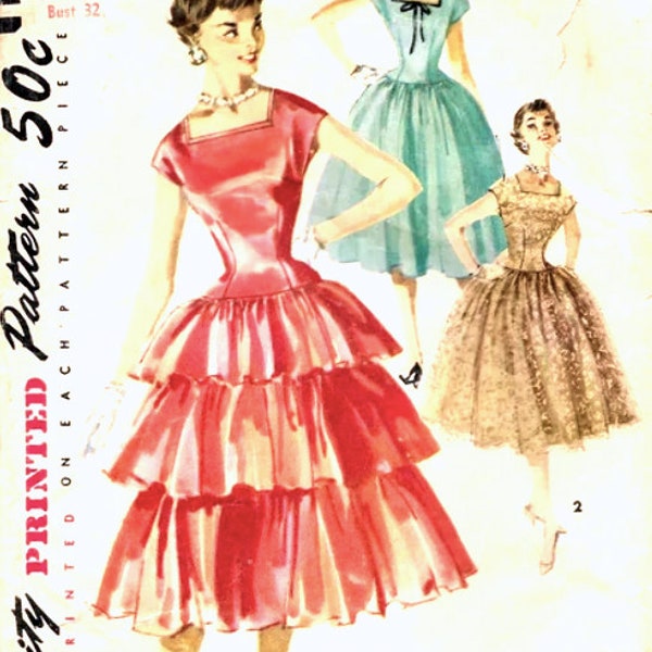 1950s Simplicity 4923 Misses' One-Piece Party Dress  Tiered Flounce, bare shoulders, fitted bodice Bust 32 Vintage Sewing