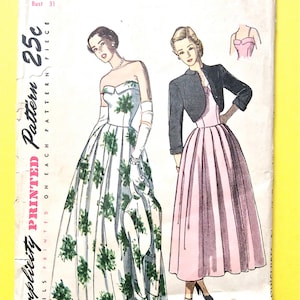 Vintage 1940s Simplicity 2442 40s Strapless  Evening Gown bolero full skirt fitted bodice Sewing Pattern Bust 31