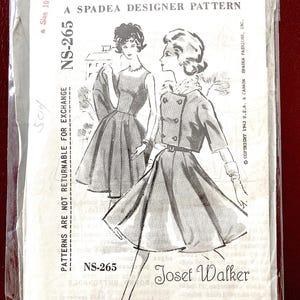 May include: A vintage sewing pattern for a dress and jacket ensemble, featuring illustrations of the designs. The pattern is labeled "NS-265" and includes the text "Josef Walker." The package is size 10.