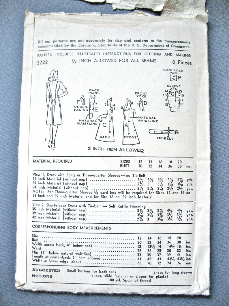 Early 1940s Advance 3722 Dress Vintage Sewing Pattern Bust 30 inches image 2