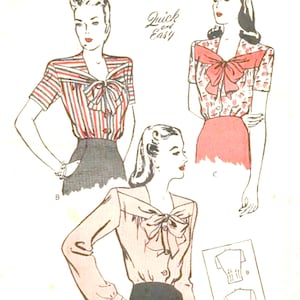 May include: A Butterick sewing pattern envelope featuring three blouse illustrations with bow details, including a striped short-sleeve version, a floral short-sleeve version, and a long-sleeve version, with text reading Butterick 25c and Quick and Easy.