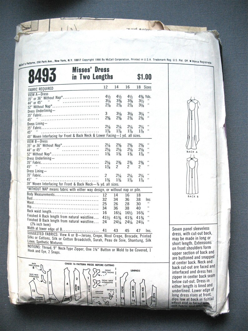 1960's McCall's Designer Waist Accent Panel Dress pattern - Pauline Trigère - Bust 36