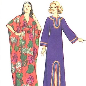 May include: Vintage Simplicity sewing pattern featuring two long dresses. One dress is red with a floral print, the other is purple with decorative trim. The pattern includes the text "Simplicity" and a price.