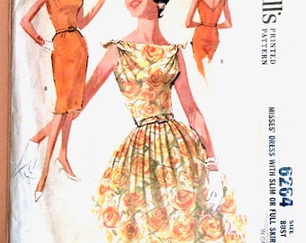 McCall’s 6264 Sleeveless dress  bias bodice and skim Three gore skirt with unpressed pleats. V neck at back Bust 36 Vintage Sewing Pattern