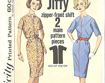 Simplicity 4843 Sewing Pattern Zipper Front Dress Vintage Dress Pattern 1960s Jiffy Pattern Bust 32 inches