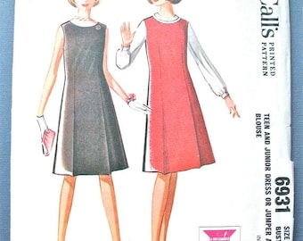 SALE 20% OFF 1960s McCall's 6931 A-line Dress or Jumper Vintage Sewing Pattern Bust 34 inches