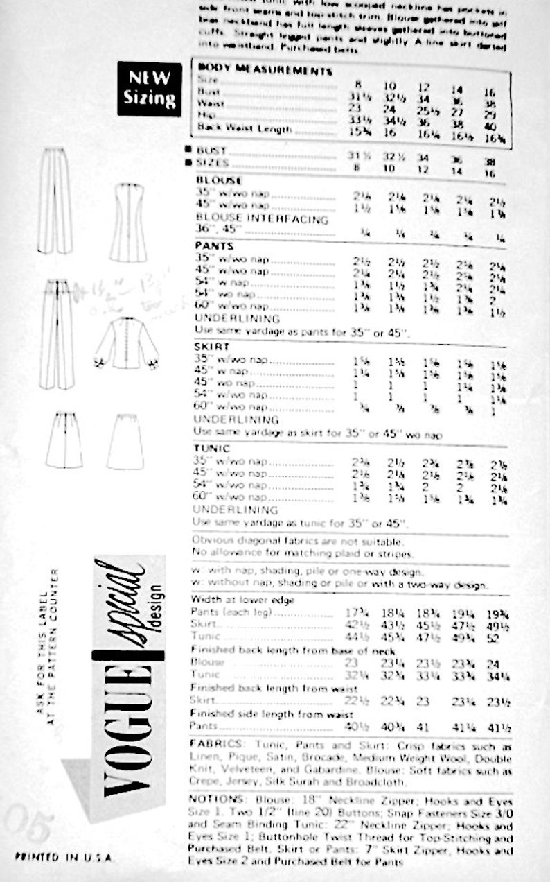 60s Separates Tunic w Scoop Neck Long Sleeve Blouse Gathered at Front Neck A Line Skirt Straight Leg Pants CMPLT Vogue 7694 Bust US 32.5 in