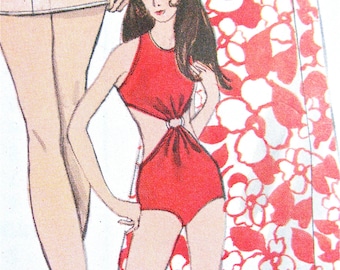 Vogue 7316 Mod One-Piece Swimsuit Bathing Suit Vintage Sewing Pattern 1960s Misses' Cover-Up  Halter Swim Suit Bust 32.5