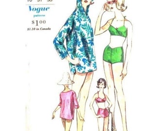 Uncut Vogue 5473 Early to Mid 1960s Bathing Suit and Hooded Beach Shirt Swimsuit Mod Two-Piece Rare  Vintage Sewing Pattern