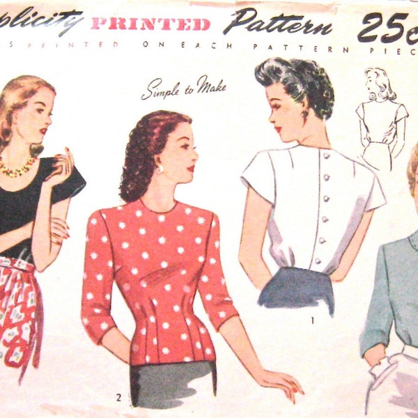 Vintage 40s blouse pattern 1940s Simplicity 2343 blouse vintage sewing pattern  Bust 32 inches