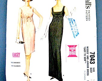 Vintage 1960s Mod McCall's 7043 OnePiece Dress Pattern High Waisted Empire Cocktail Dress Sewing Pattern Evening Gown Bust 31 inches