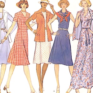 May include: Illustration of five vintage fashion outfits. The outfits include dresses, jackets, and blouses in various colors and patterns, such as gingham, polka dots, and floral prints. The outfits are accessorized with belts, scarves, and hats, showcasing a retro style.