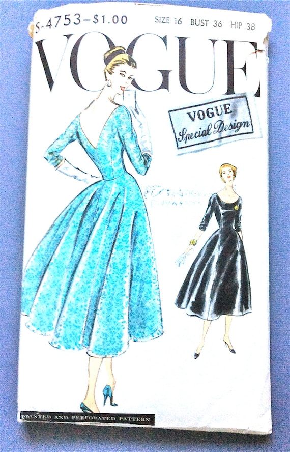 1950s Evening Dress Vogue S-4753 Evening Gown Cocktail Dress Deep V Back  Vogue Special Design Vintage Sewing Patterns Bust 36 Hip 38 Inches