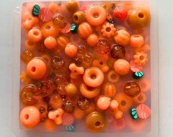 May include: A clear plastic container filled with an assortment of orange beads. The beads vary in shape and size, including round, donut-shaped, and flower-shaped. Some beads have a translucent quality, while others are opaque. Small carrot and ladybug embellishments are also present.
