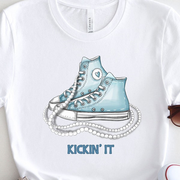 Denim lovers tshirt with denim converse tennis shoes motif, gift for her, gift for women, pearls and kicks, pearls and converse, high tops