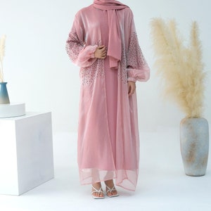 Conjunto de abaya de lujo de 4 piezas, abaya modesta para Eid, abaya adornada, abaya abierta estilo Dubái, regalo de Nikkah