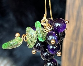 Purple Fluorite Grape Wine Cluster Handmade Earrings in Gold with Green Glass Leaves